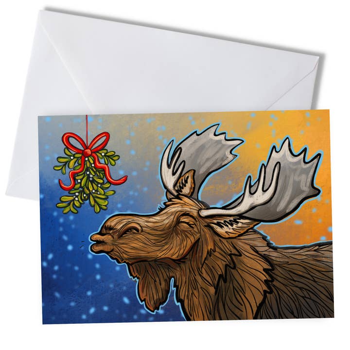 Carte de vœux de vacances Christmoose Kiss pour la vente par Amanda Rose Warren