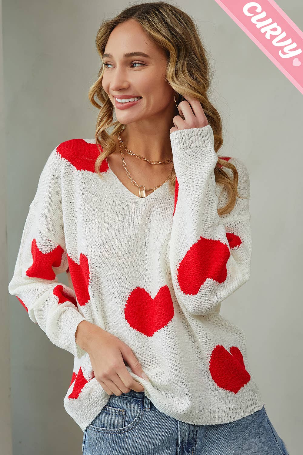 Sweet Lovely by Jen – Engroshandel Pullover - Dame – SW220PL MULTI HJERTE SWEATER PLUS STØRRELSE4