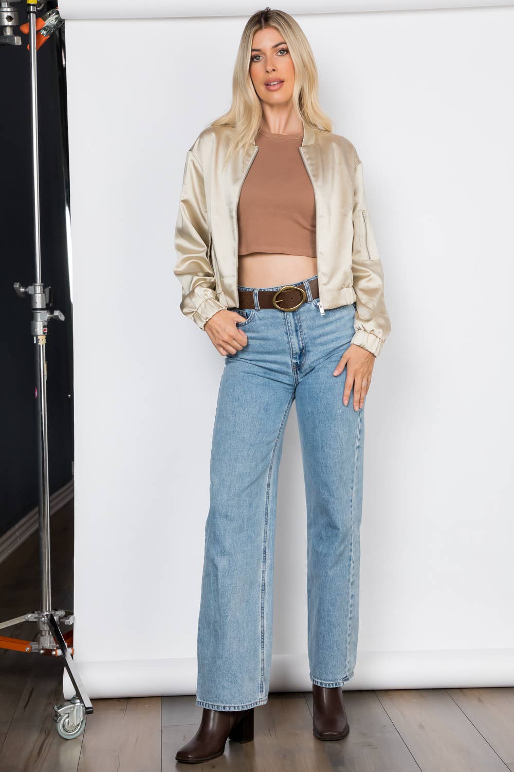 Champagne Elegance Satin Zip Up Bomber Jacket for wholesale on Faire1