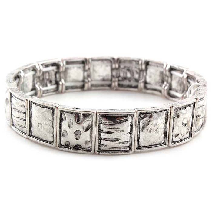 Silver Small Textured Squares Stretch Bracelet for wholesale by Peaceful Village Inc.