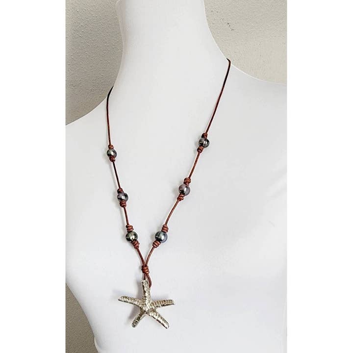 Leather Pearl Necklace: Sterling Silver Starfish Pendant, Adjustable Length for wholesale by The Rustic Boho Chic