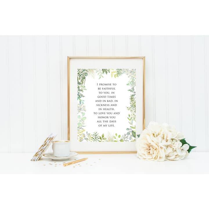 Vow print. Wedding Gift. I promise to be faithful vow wedding print. Wedding Greenery Prayer print. Christian Wall Art Print. Marriage Vows. for wholesale by Meyer Market Designs