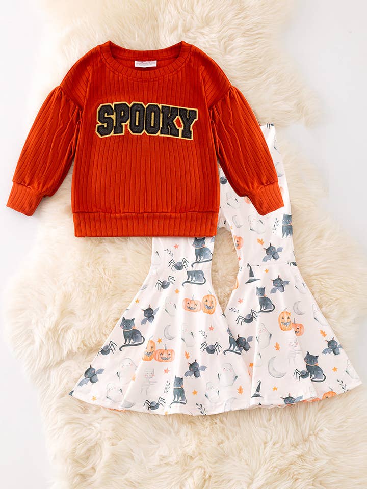 Haut à manches bouffantes avec appliqué effrayant et pantalon évasé. OFG51150 AMY pour la vente par Kids Charm Online