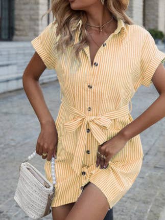 Rosa Clothing - Wholesale Dress - Women's - Casual Striped Short Sleeve Button Down Belt Shirt Dress