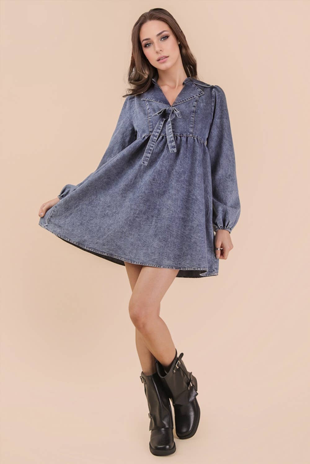 VERY J - Wholesale Dress - Women's - ND31904-Washed Chambray Collared Mini Dress4