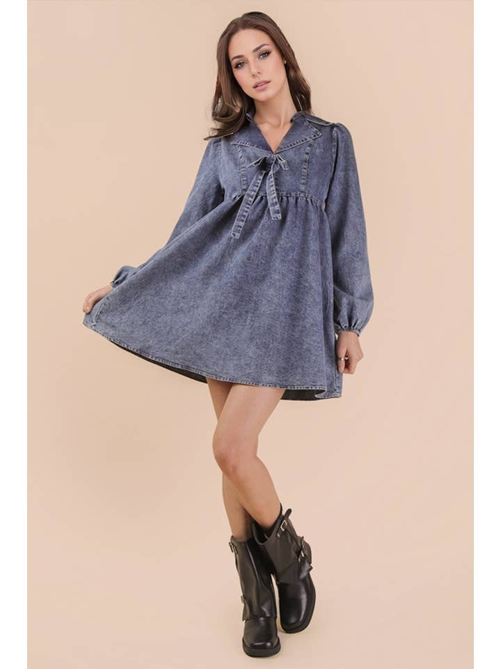 VERY J - Wholesale Dress - Women's - ND31904-Washed Chambray Collared Mini Dress4