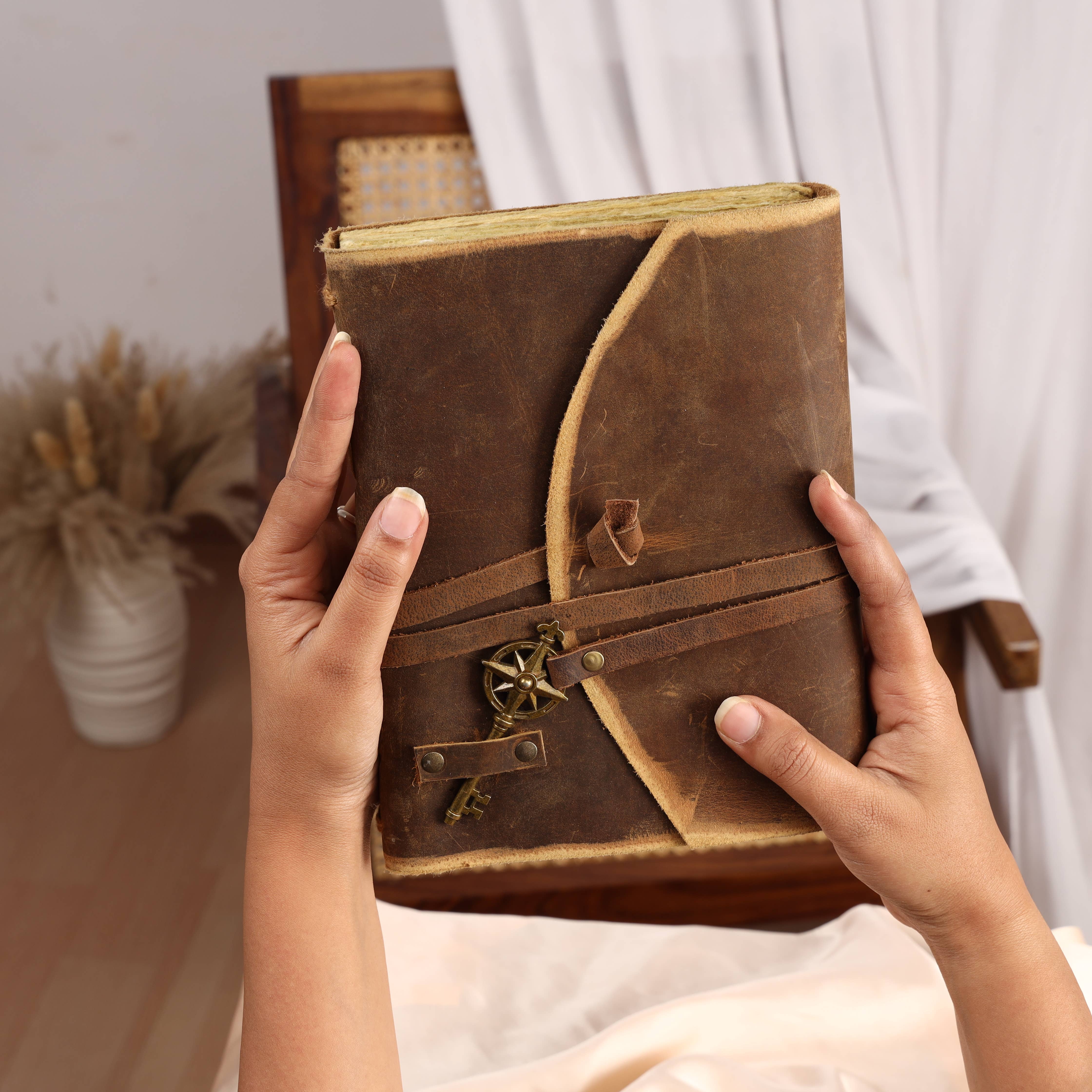 R K Handicrafts and Exporters - Wholesale Journal/Diary - Vintage Leather Bound Grimoire Journal with Key 6*8 Size 6