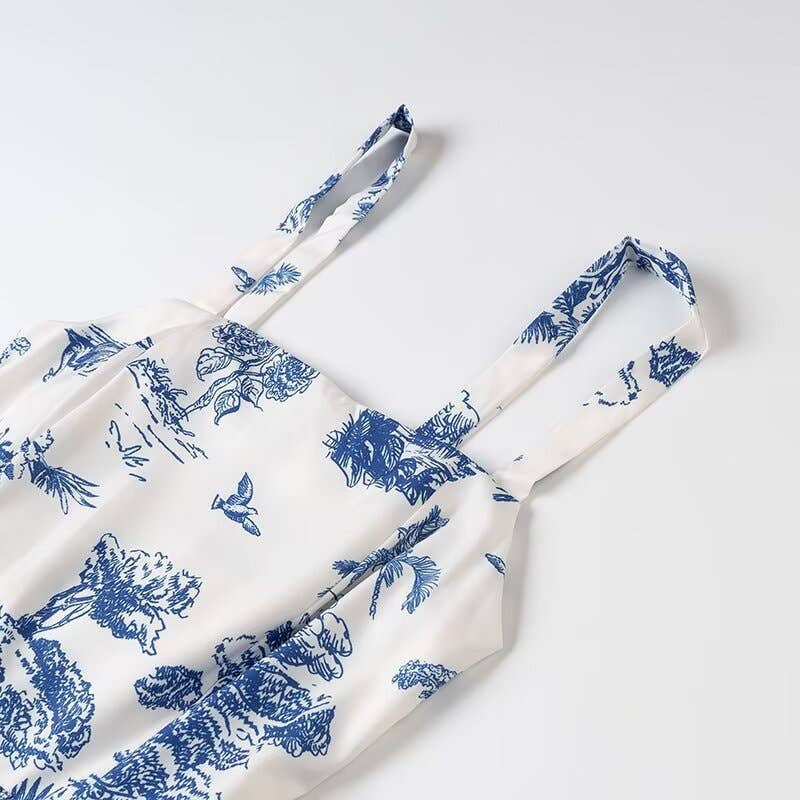 Blue Floral Toile print strappy dress w open back bow tie for wholesale on Faire2