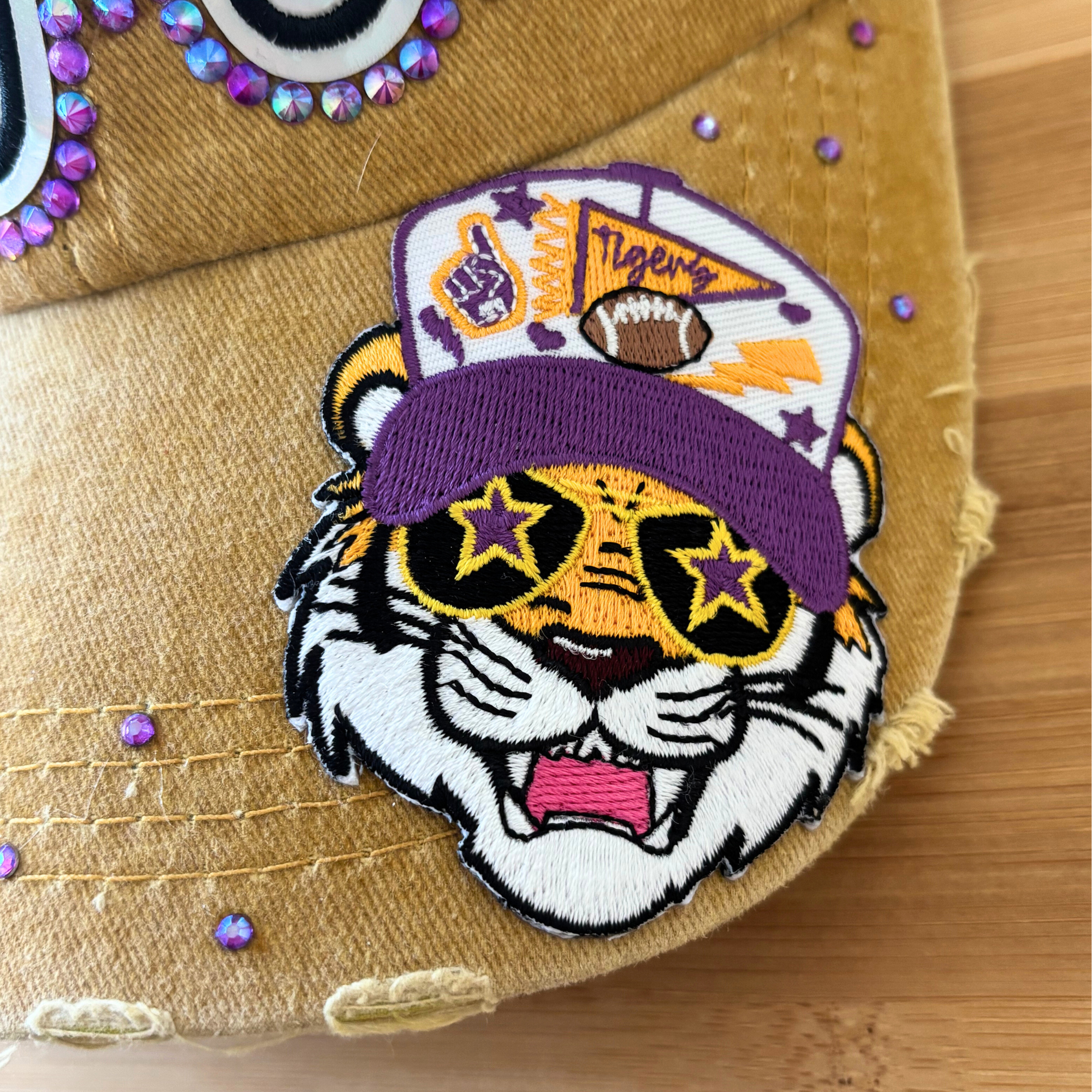 Page and Riggs Designs, LLC - Wholesale Baseball Cap - Women's - Tigers Game Day Hat – Mustard with Bling & Mascot Patch3