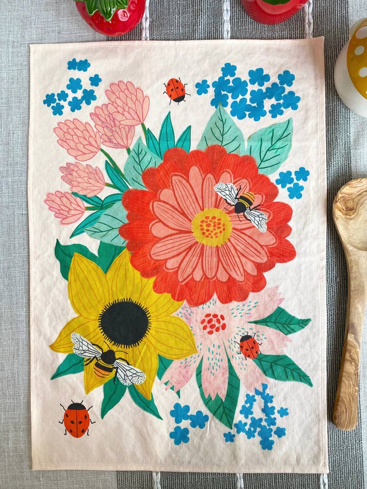 Bee Garden Linen Cotton Handmade Tea Towel for wholesale by Dream Folk Studio