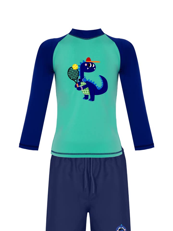 Dinosaur Print UPF50+ Boys Swim Set (Rashguard + Short) for wholesale by Daring Littles