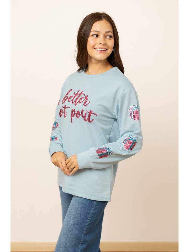 Better not Pout sequins Blue Sweater for wholesale on Faire
