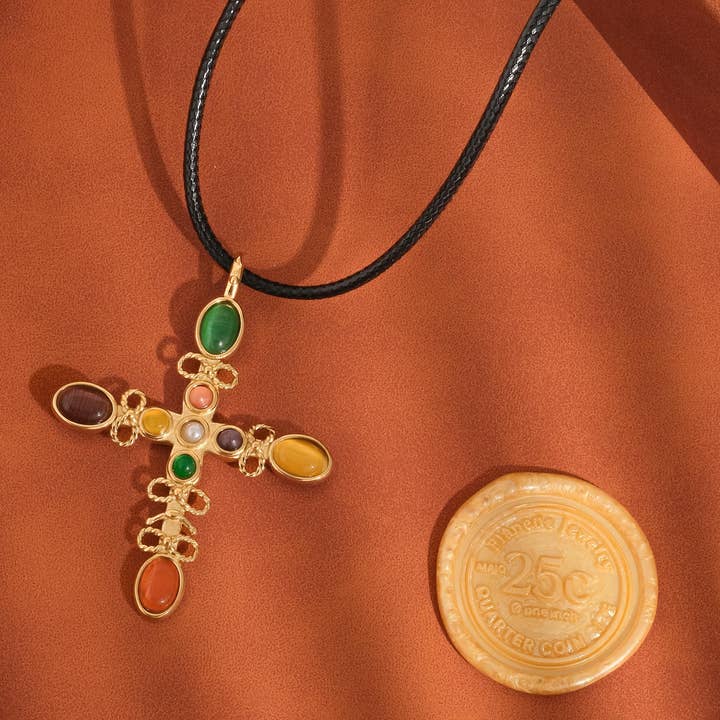Chase 18K Gold Non-Tarnish Multi Stone Cross Necklace for wholesale on Faire