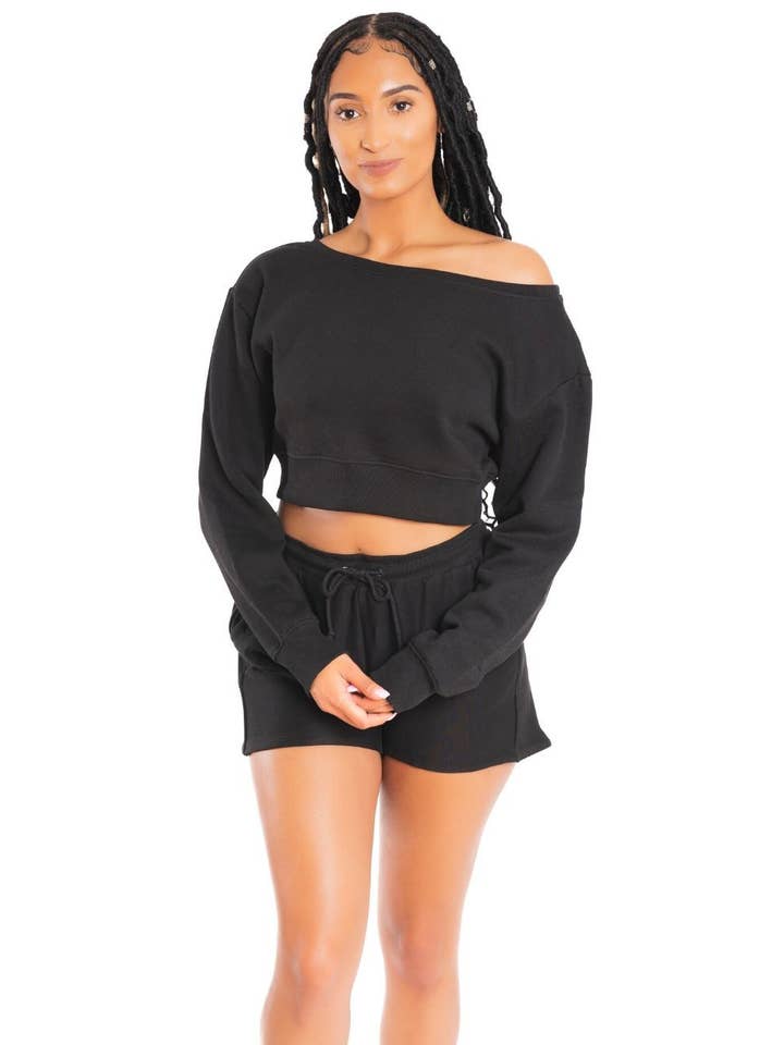 Sweat-shirt court épaules dénudées - Noir pour la vente par 4WBW Intimates