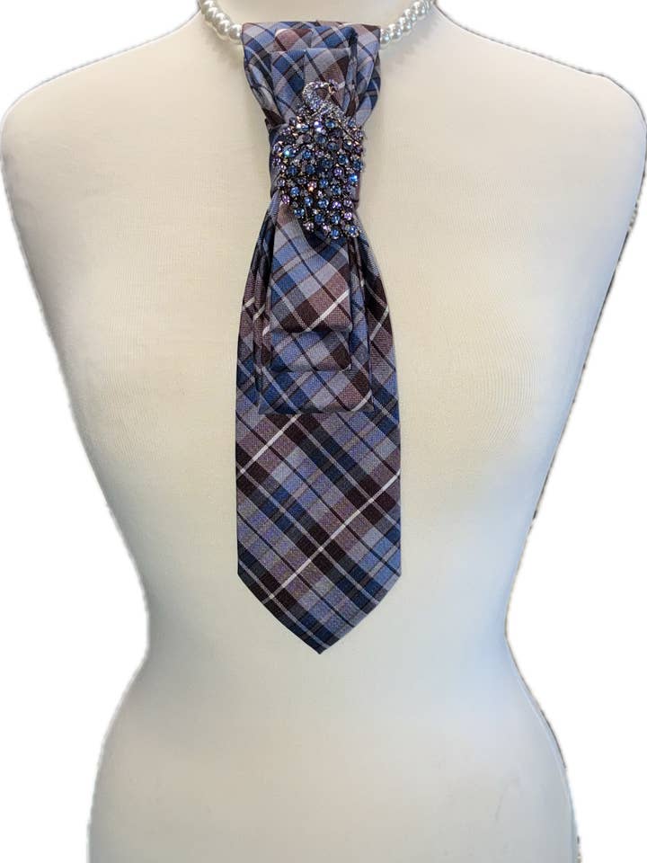 Custom Necktie Necklace - Blue and Brown Plaid w BluePeacock for wholesale by See it…Love it…Buy it
