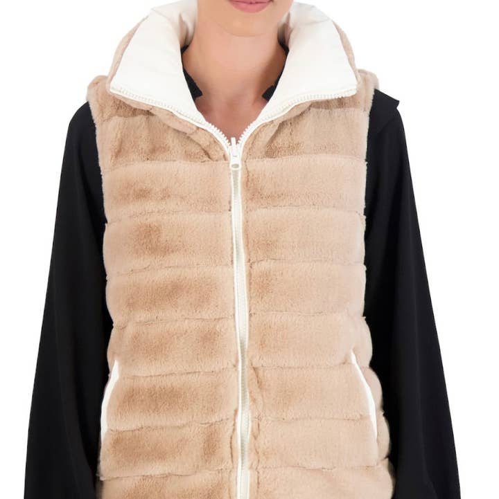 Ivory Carbon Puffer Vest Reversible to Grooved Faux Fur for wholesale on Faire0