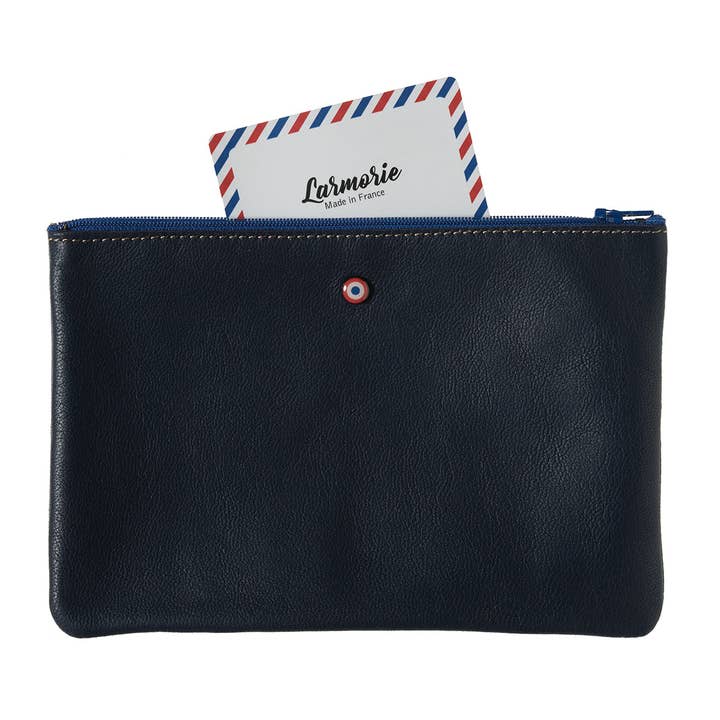 Clutch de cuero reciclado azul marino Camille para venta al por mayor de Larmorie Officiel