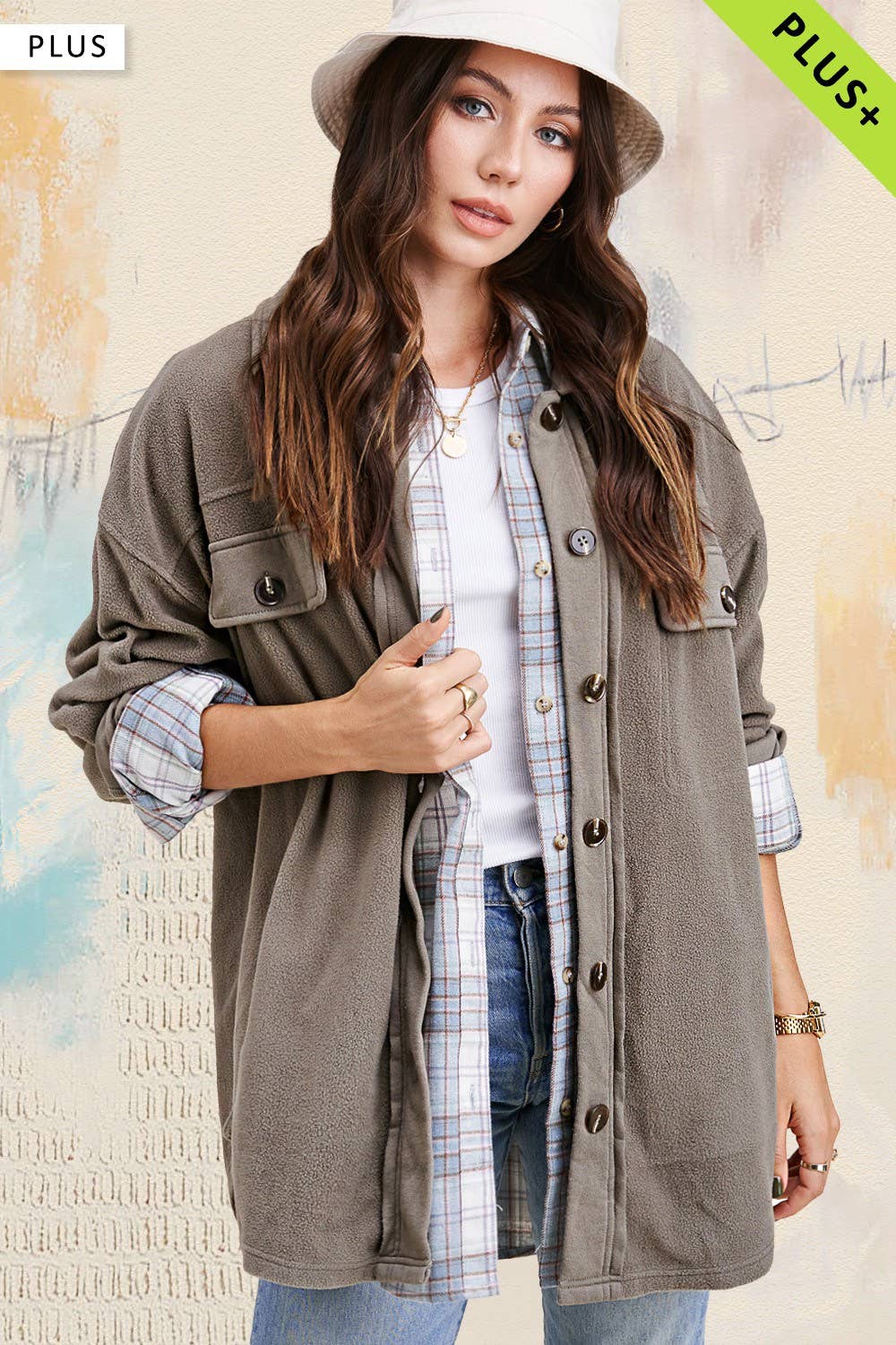 La Miel - Wholesale Shirt Jacket/Shacket - Women's - JKT1712P-Plus Size Loose Fit Button Down Fleece Shacket14