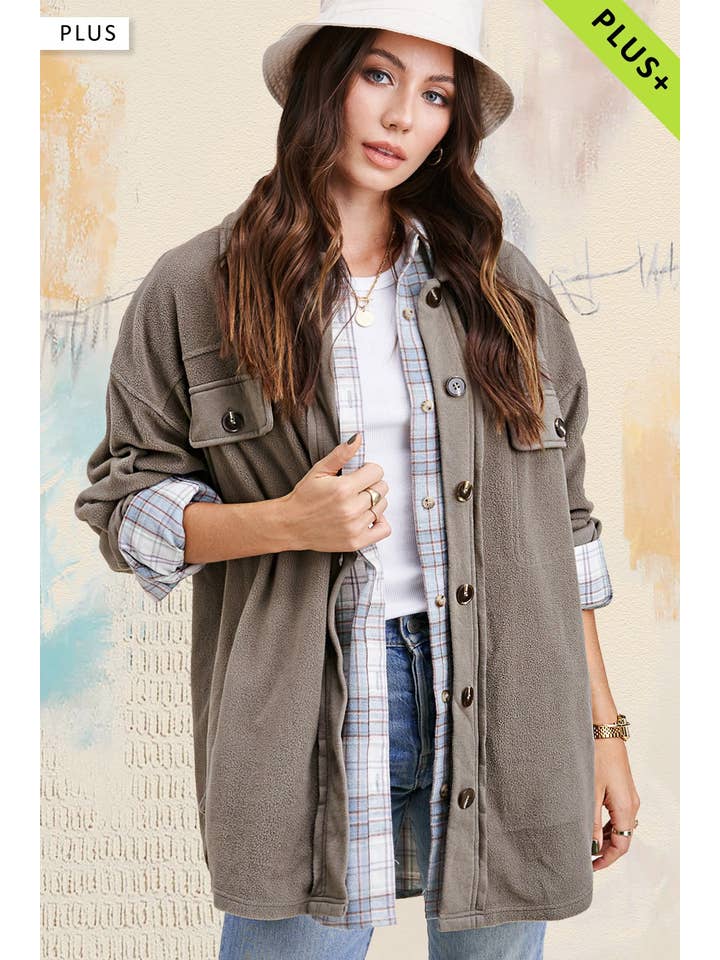La Miel - Wholesale Shirt Jacket/Shacket - Women's - JKT1712P-Plus Size Loose Fit Button Down Fleece Shacket14