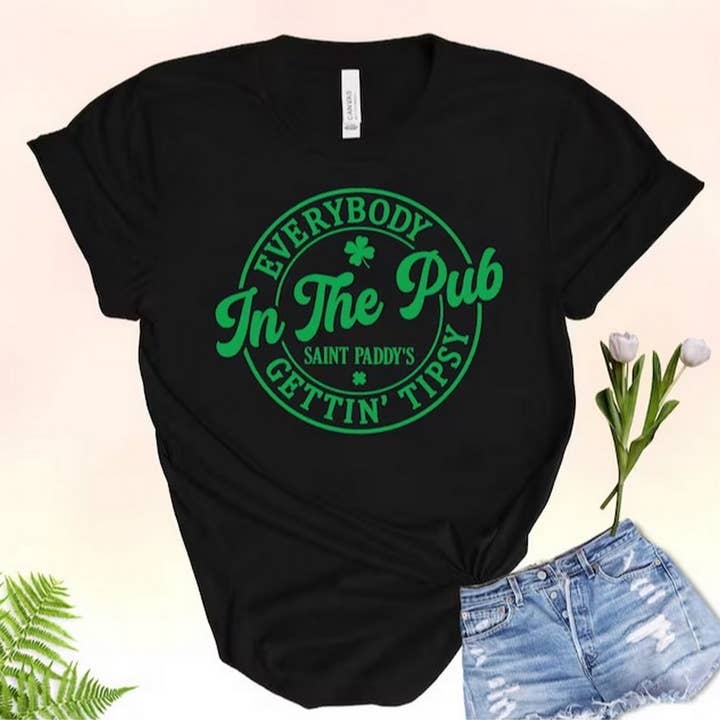 Black Everybody in the Pub getting tipsy t-shirt, St. Patrick's Da for wholesale on Faire0