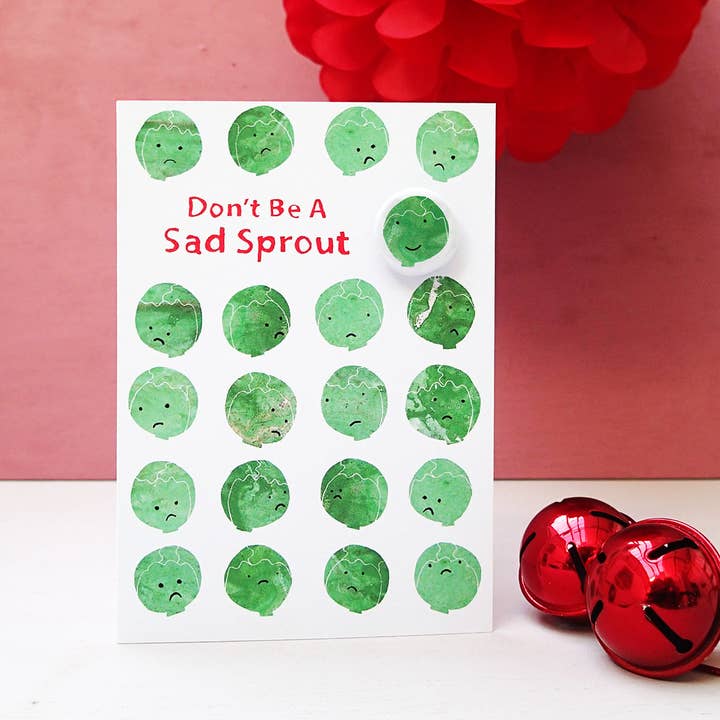 Sad Sprout - Greeting card with badge for wholesale by The Black Rabbit