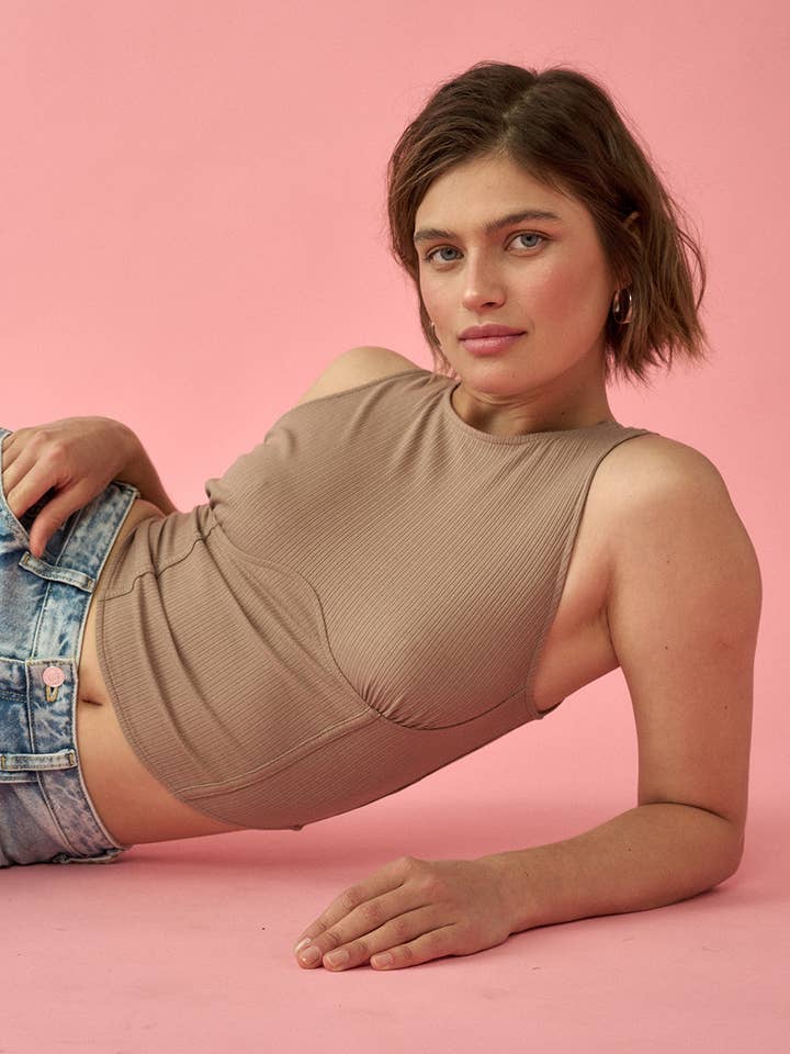 Solid Crew Neck Sleeveless Rib Knit Crop Top for wholesale by Promesa USA