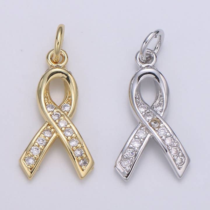 Dainty Pink Ribbon CZ Pave Charm Breast Cancer Awarness Pendant E-075 for wholesale by Aim Eternal