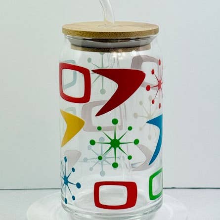 MCM Sputnik Block Glass with Bamboo Lid and Straw for wholesale by Astro Bettie