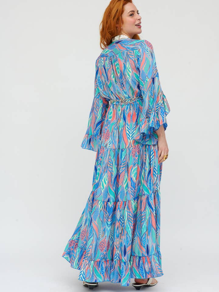 KJOLE 100% KOLD SILKE, ABSTRAKT PRINT, MED FLÆSER for engroshandel hos ANISA