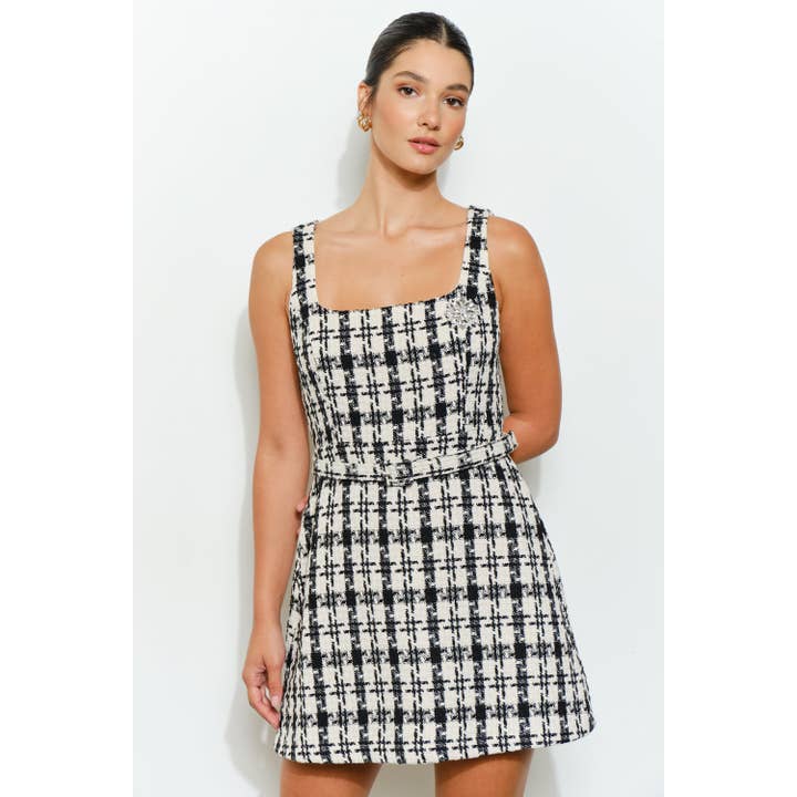 INA - Wholesale Dress - Women's - Check Tweed Brooch Detail Belted Mini Dress8
