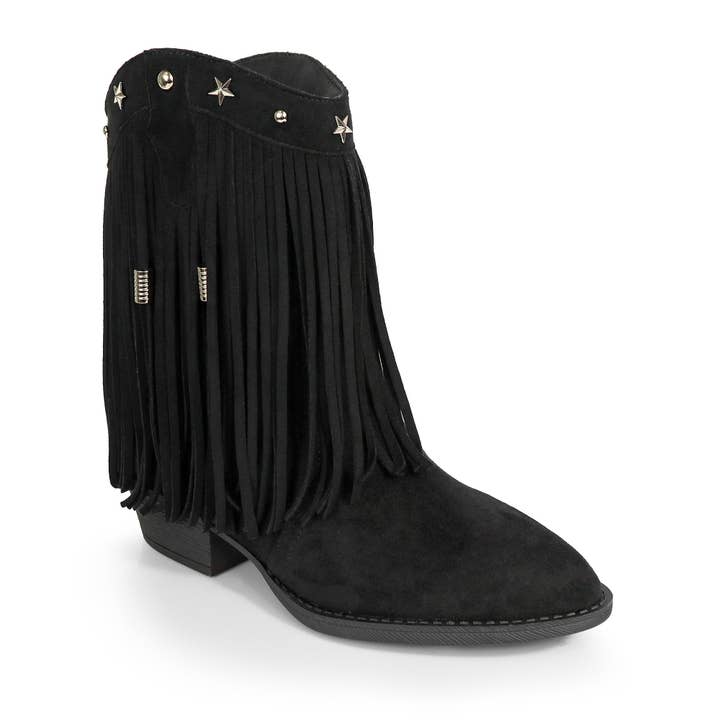 ANASTASIA-1 FRINGE WESYERN ANKLE BOOTS BLACK for wholesale by Liliana Shoes