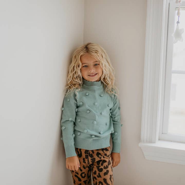 Adorable Sweetness - Wholesale Knit Sweater - Kids - Kids Teal Pom Pom Fall Winter Crew Neck Sweater