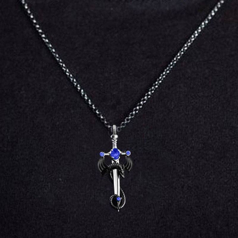 SALINA TRADING INC - Wholesale Pendant/Charm Necklace - Retro Multi-Color Gem Dragon Sword Stainless Steel Chain Necklace for Men0
