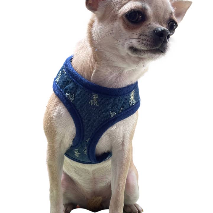 Distressed Denim Adjustable Dog Harness for wholesale by Sassy Dog Fashions