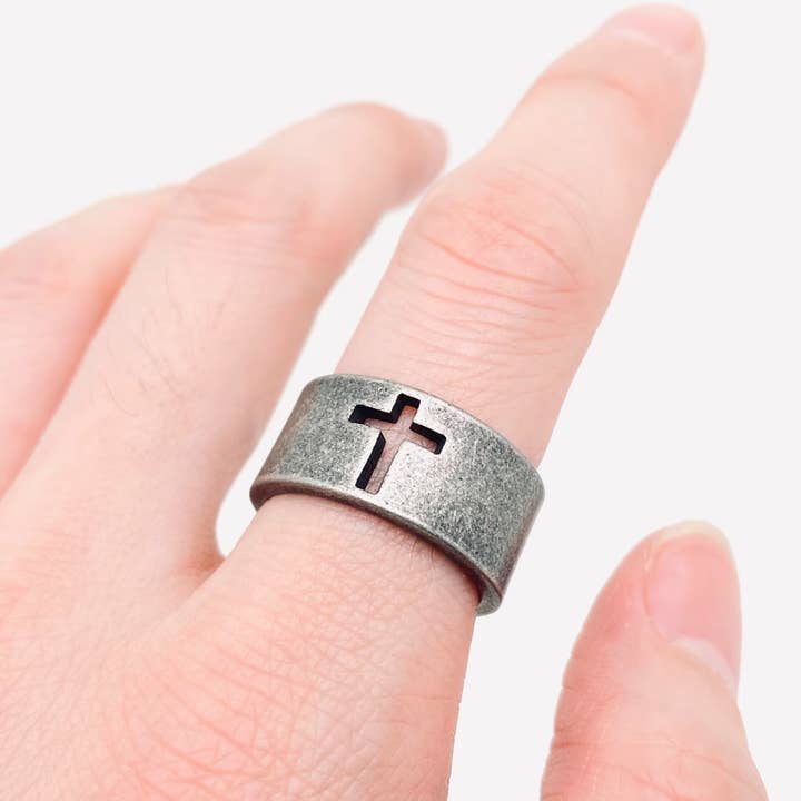 Vintage Hollow Cross Men's Stainless Steel Ring - MJ/MR for wholesale by Mio Queena