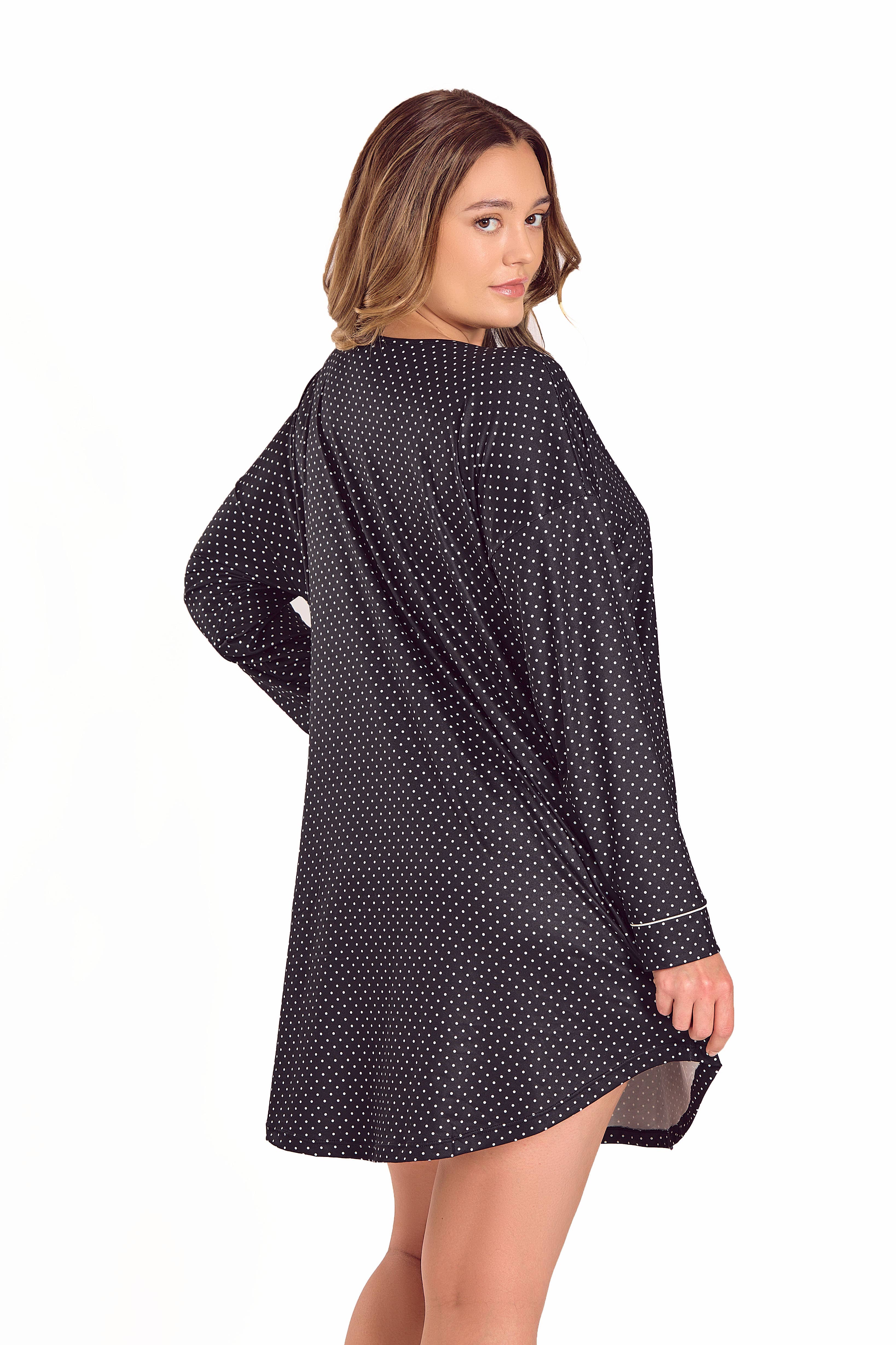 iCollection - Wholesale Nightgown - Women's - Calise Plus Size Stretch-Knit Black L/S Sleep Shirt-Dress1