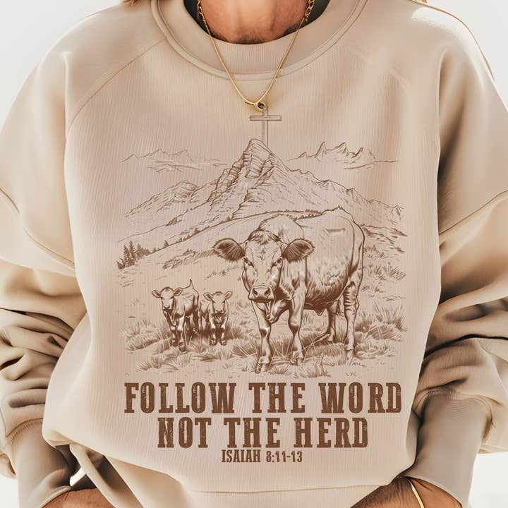 Sudadera con cuello redondo Follow The Word Not The Herd, color arena para venta al por mayor de Madi Moosh