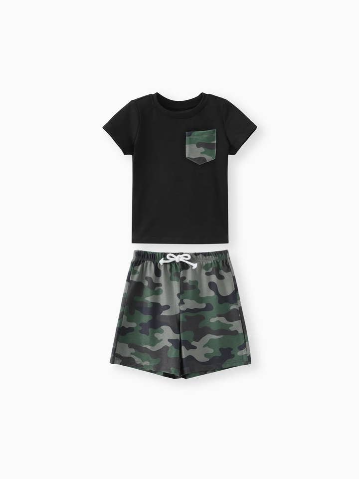 Schwarz 2-teiliges Set mit T-Shirt und Camouflage-Shorts für Kleinkinder und Jungen für den Großhandel auf Faire