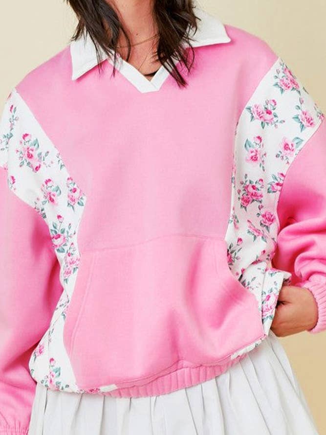 Rosa Top tipo jersey con cuello alto y bolsillos de retazos florales CY170 de venta al por mayor en Faire3