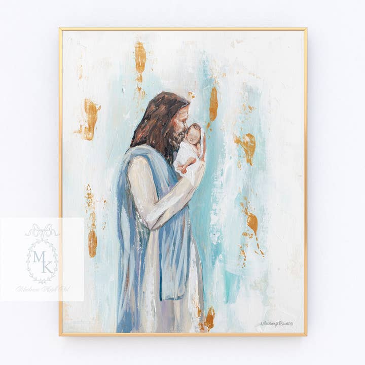 'I Knew You' Baby and Jesus Blue Paper Print for wholesale by Mackenzie Kissell Art