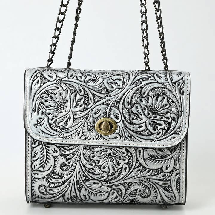 LS Western - Wholesale Crossbody bag – Women's - ADBG1630 Tooled Floral Leather Crossbody Bag with Antique Brass Turn Lock & Chain Strap4