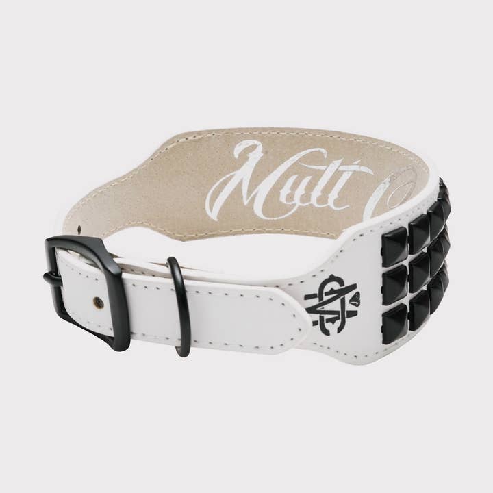 White Leather Dog Collar with Black Studs for wholesale by Mutt Couture