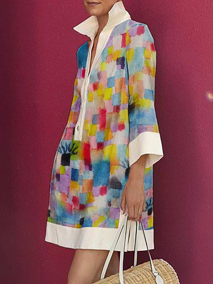 COLORFUL Long Sleeves Loose Printed Split-Joint Lapel Mini Dresses Shirt Dress for wholesale on Faire