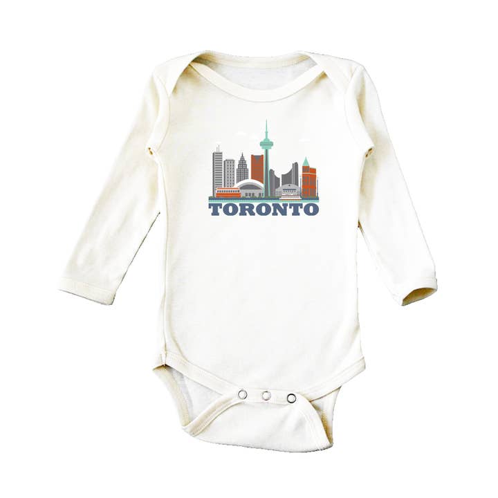Toronto Cityscape Natural Long Sleeve Onesie for wholesale by All Good Living