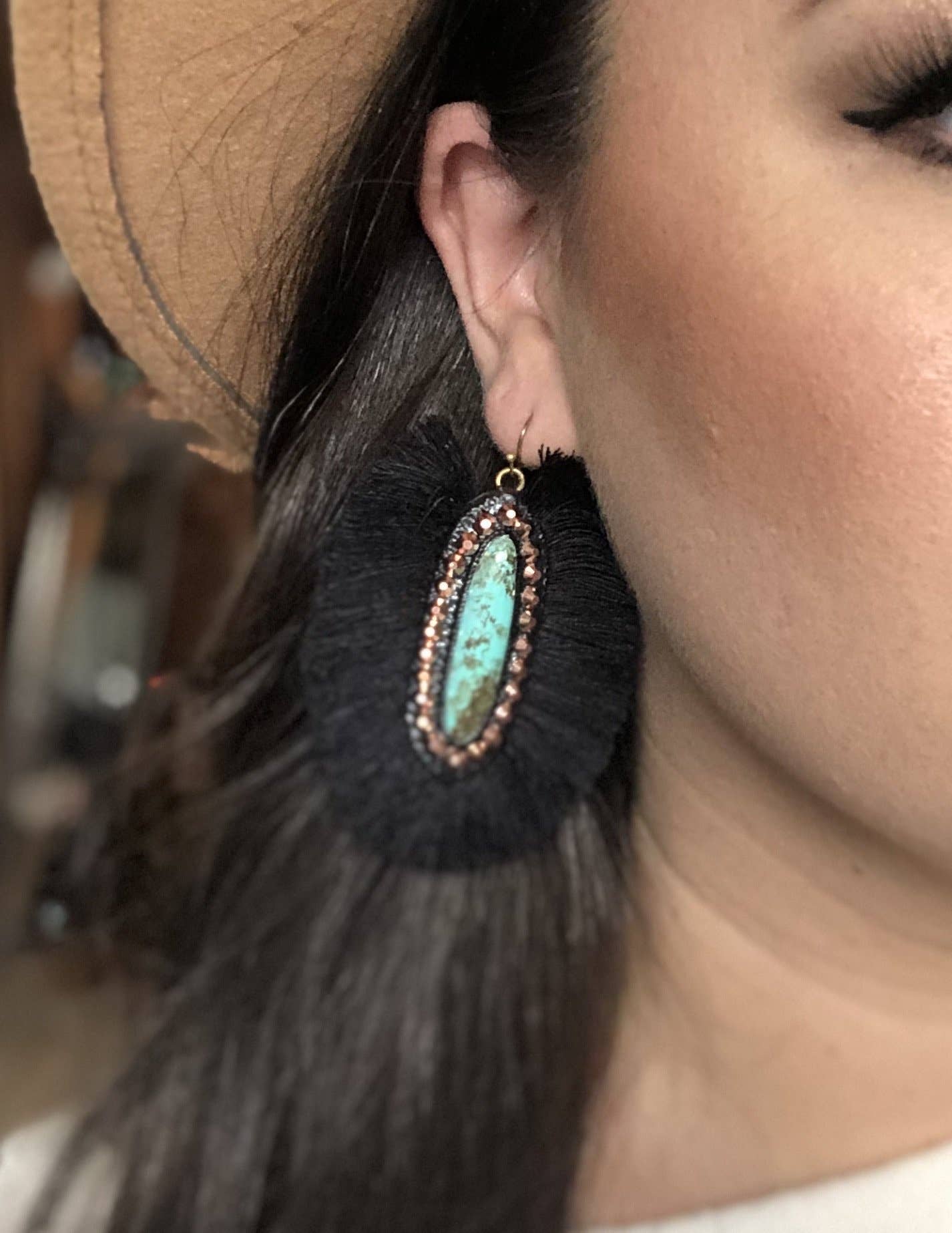 Nomadic Brunette - Wholesale Dangle Earrings - The Casper Earrings- Turquoise Stone With Black Fringe1