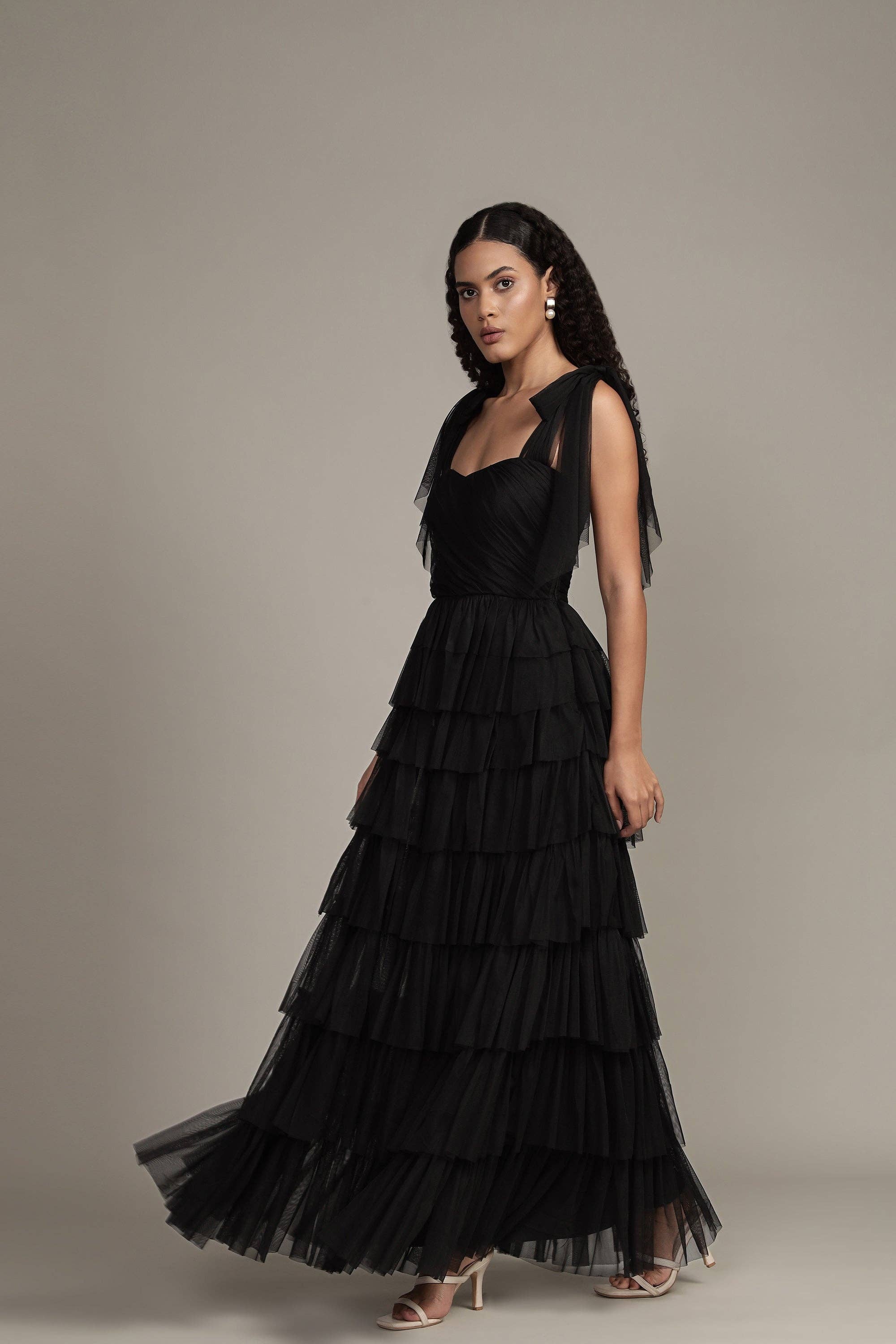 Ophelia Tulle Maxi Dress with Tie Detail in Black for wholesale on Faire2