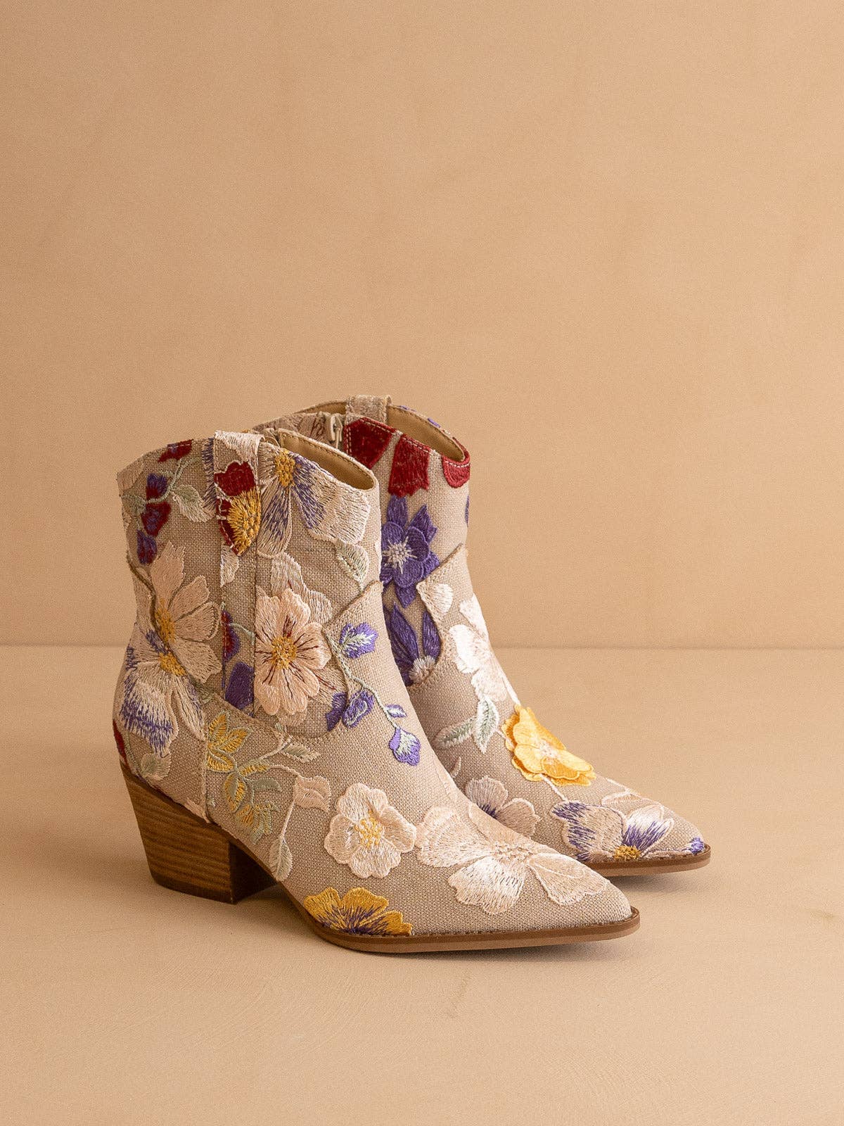 The Wanda | Taupe Floral Applique Western Boot for wholesale on Faire2