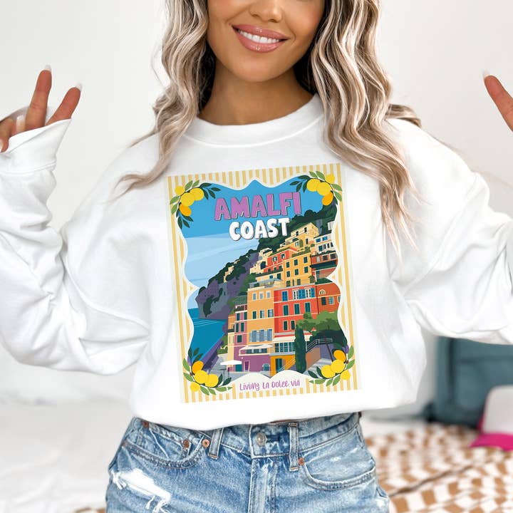 Stamp Amalfi Coast Crewneck Sweatshirt for wholesale by DaisyChainDesignCo