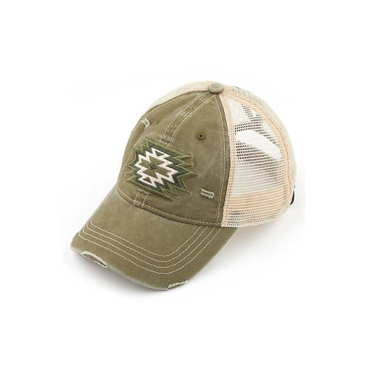 Hana - Wholesale Ponytail Cap - Women's - C.C Aztec Patch Embroidery Mesh Pony Cap