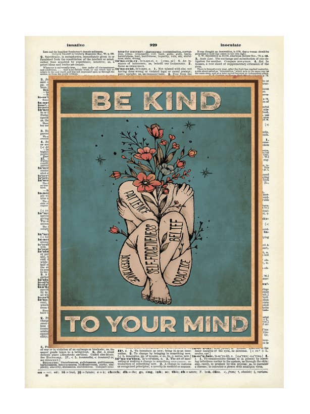 Stampe da dizionario vintage, senza cornice. Sii gentile con la tua mente, F per la vendita all'ingrosso da parte di Crazilyhumbledesigns